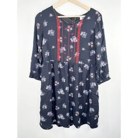 Old Navy Blue‎ Floral Print Long Sleeve Embroidered Dress Women Medium Boho