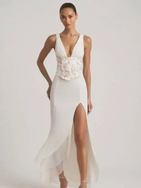 Embellished Plunge Ruffled Corset Maxi Dress in Ivory Size 2