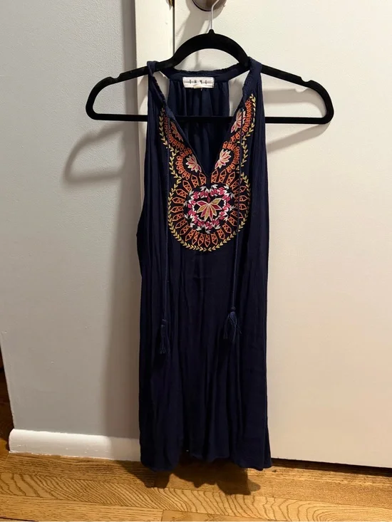 Navy Boho Embroidered Halter Dress