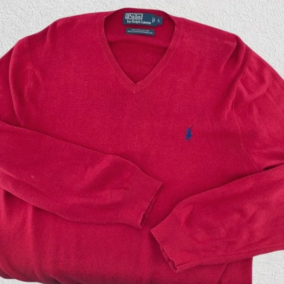 Polo Ralph Lauren Pima Cotton‎ V Neck Sweater Red Men Large Preppy Valentine