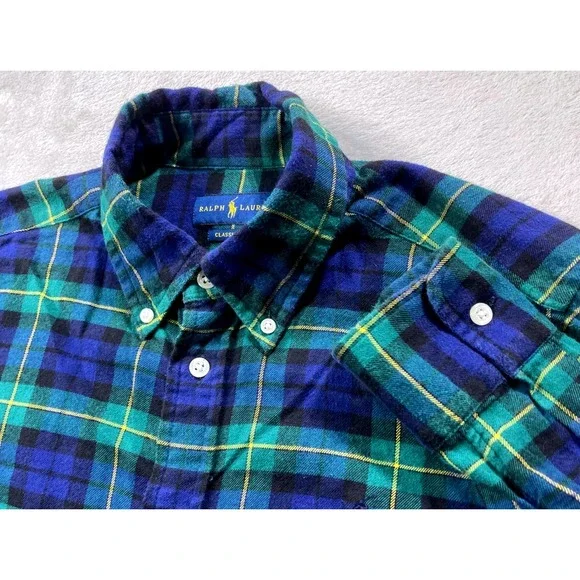 Ralph Lauren Flannel Shirt‎ Mens Medium Blue Green Plaid Classic Fit Button Down