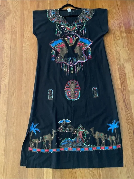 Black Embellished Egyptian Motif Maxi Dress with Multicolor Beading