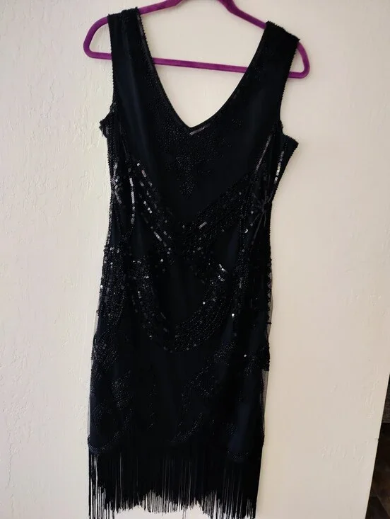 Black Sequined Fringe Art Deco Beaded Evening Cocktail Gown Flapper XL