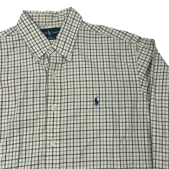 Polo Ralph Lauren Men's White and Green Checkered Shirt Large Casual Long Sleeve