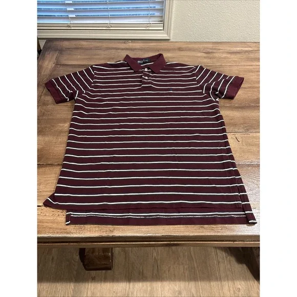 Polo‎ Ralph Lauren Polo Shirt Mens L Maroon Navy Wht Striped Pique Pony Logo