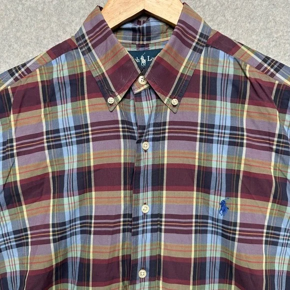 Polo Ralph Lauren Mens 16 L Classic Fit Plaid Button Down Shirt Burgundy Blue LS
