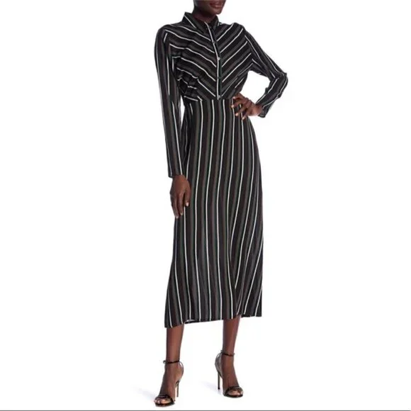 Abound Women's Size Large Button Front Maxi Dress Black Brown Spice Stripes Long