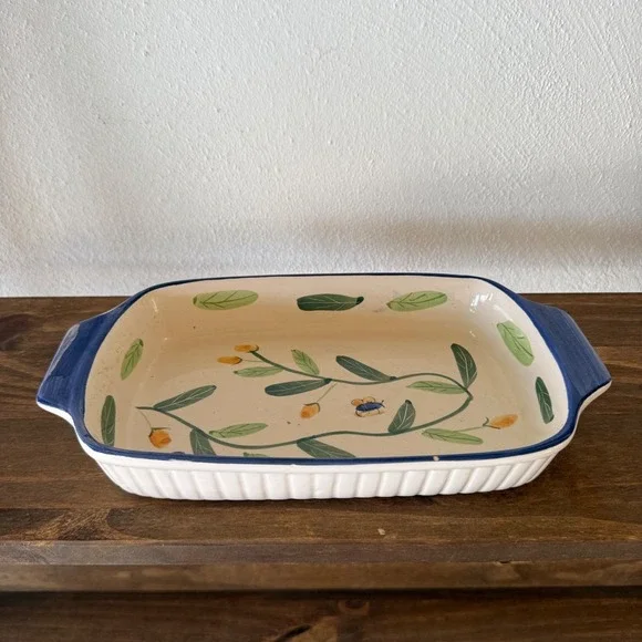 Floral Ceramic Baking Dish‎ Blue Rim Rectangular Casserole Dish 12