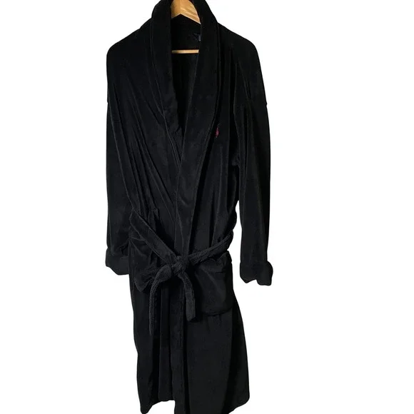 Polo Ralph Lauren Mens Robe Black Fleece Shawl Collar Red Pony Logo One Size‎