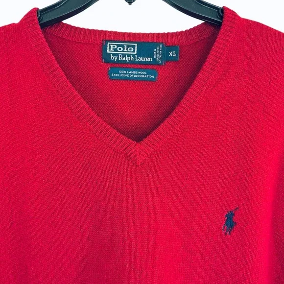Polo Ralph Lauren Men's XL Red V-Neck 100%‎ Lambswool Classic Fit Sweater
