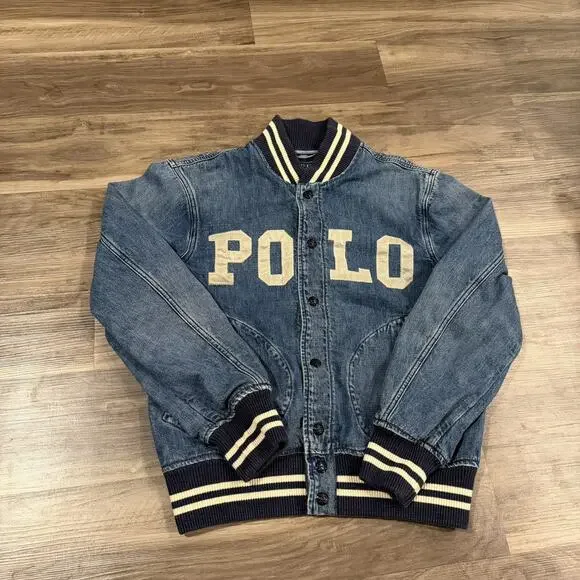 Polo Ralph Lauren Denim Varsity Jacket Mens small Logo Spellout Blue Cream Trim