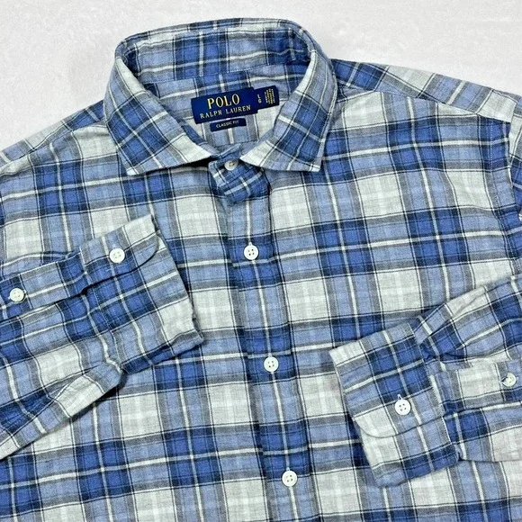 Polo Ralph Lauren Button Down Men Large Blue Grey Plaid Classic Fit Cotton Shirt