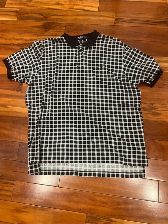 Vintage Men's Black and White Check Polo Lightweight Black Pony