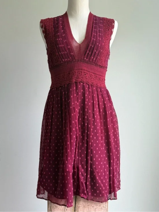 Ranna Gill Wine Red Lace-Trim V-Neck Mini Dress