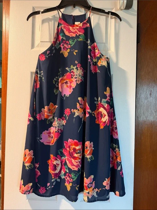 Everly Navy Halter Midi Dress with Pink & Orange Floral Print
