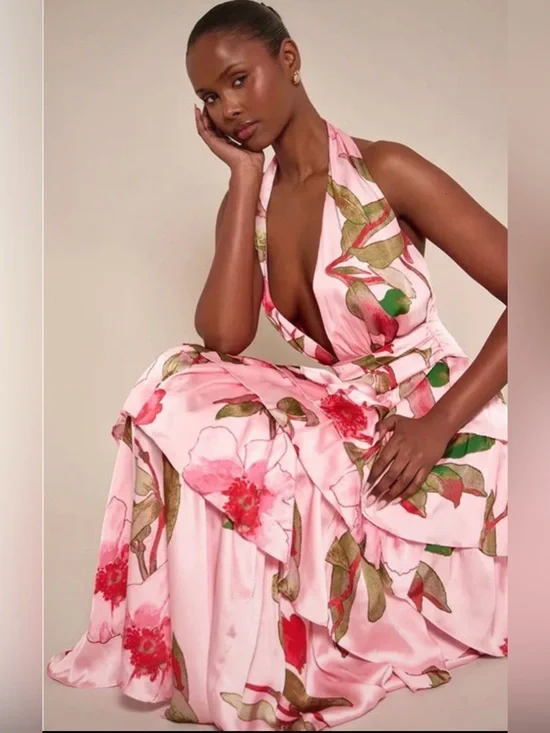 PRETTYLITTLETHING  Pink Floral Halter Tiered Maxi Dress 12 NWT