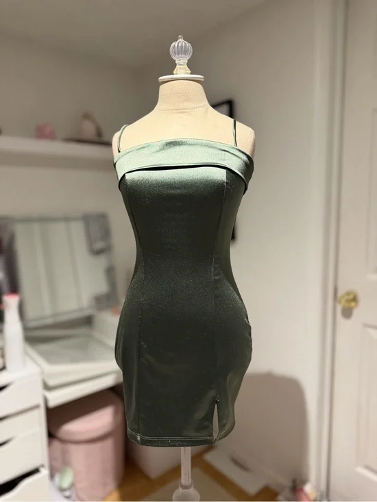 Windsor Olive Green Satin Off-Shoulder Mini Dress