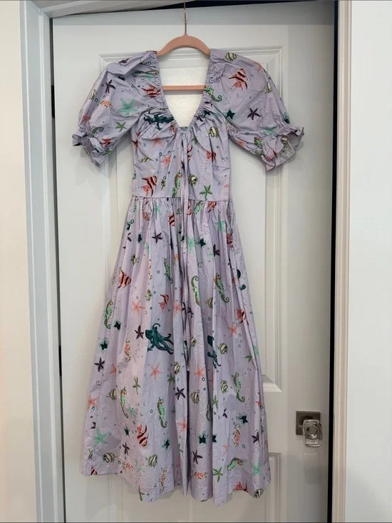 The Ophelia Dress in Sea Creatures Poplin Lilac Sea Life Puff-Sleeve Midi Dress