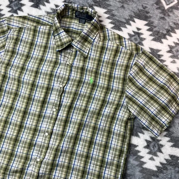 Polo Ralph Lauren Vintage Pearl Snap Plaid Shirt Mens M Green Short Sleeve Pony
