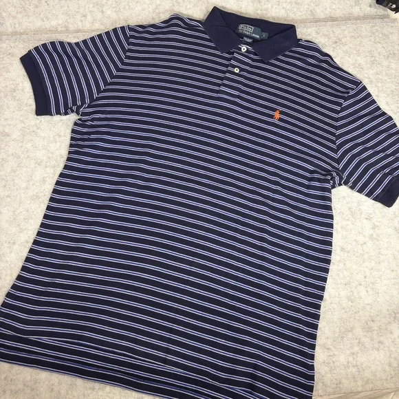 Vintage Polo Ralph Lauren Mens Striped Polo Shirt Navy Blue Large Classic Fit