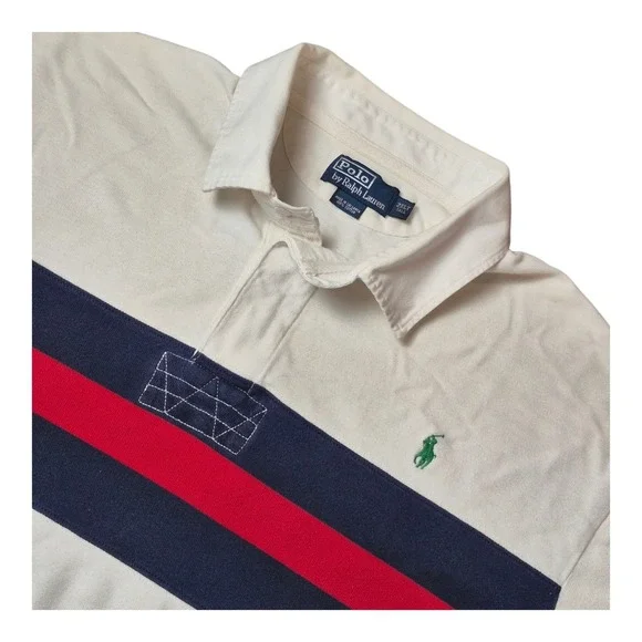 VTG Polo Ralph Lauren Mens 2XLT Rugby Polo Shirt White Striped Cotton