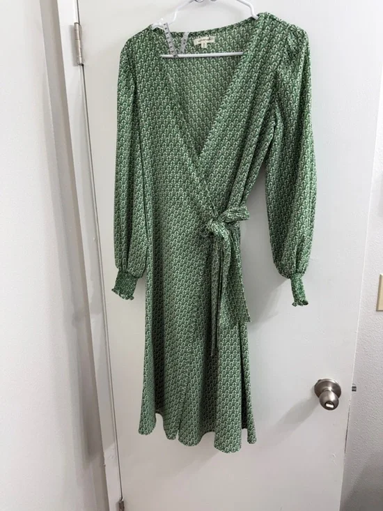 Max Studio Green Printed Long-Sleeve Wrap Dress