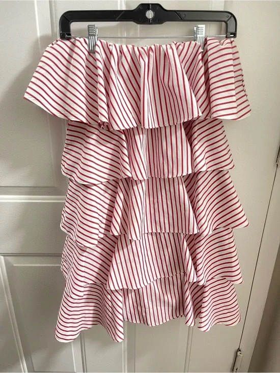 LULUS Red and White Striped Ruffle Tiered over under the Shoulder Dress Medium