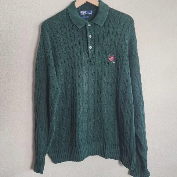 Polo Ralph Lauren Sweater Mens Large Green Cable Knit Golf Crest Shield Cotton