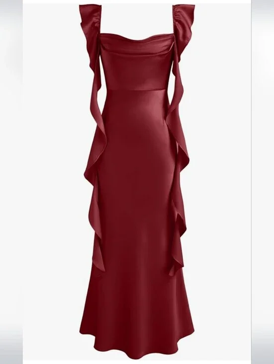 Cider Burgundy Satin Ruffle Maxi Dress Size 