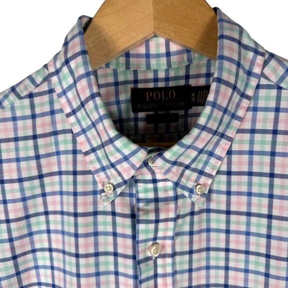 Polo Ralph Lauren Classic Fit Oxford Plaid Short Sleeve Shirt Mens XL Blue