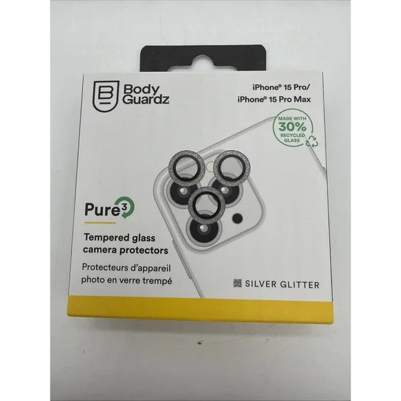 BodyGuardz Silver Glitter Tempered Glass Camera -iPhone 15 Pro/15 Pro Max