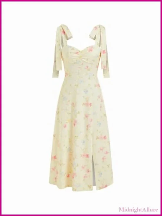 Boho Floral Midi Dress Square Neck Bow Tie Sleeveless Smocked Back A-Line
