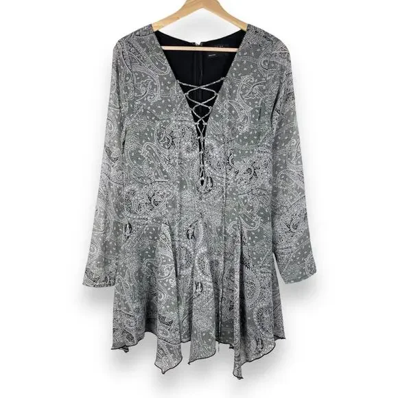 ASOS Dress 10 Black Paisley Whimsigoth Witchy Mini Lace Up Fairy Grunge Emo Boho