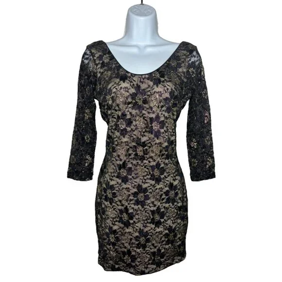 Dress The Population Sz M Purple/Gold Metallic Lace Cocktail Dress  (1554)
