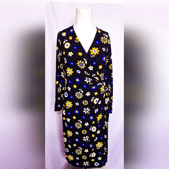 Anne Klein Mod Floral Wrap Dress Black, Blue, & Yellow‎ Long Sleeve Size 8