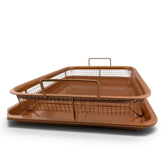 Copper Nonstick Baking Tray Roasting Pan w Mesh Basket Rack 2 Pc Set 12.75