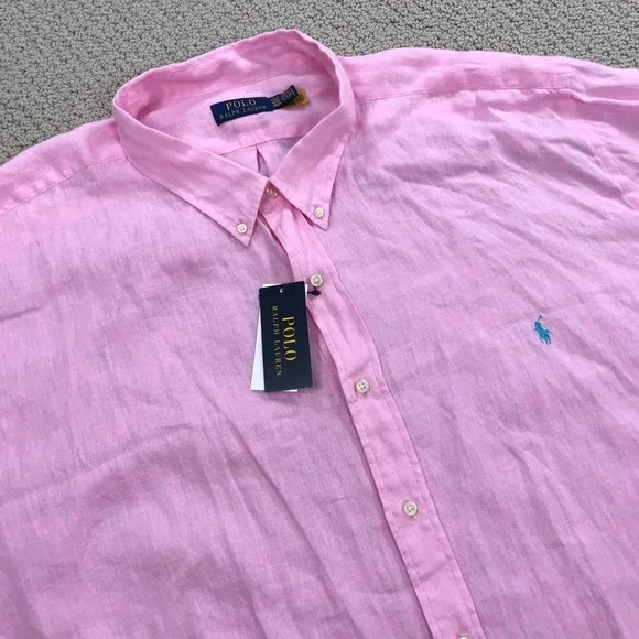 Polo Ralph Lauren Mens 4XLT Pink 100% Linen Short Sleeve Button Down Shirt NWT