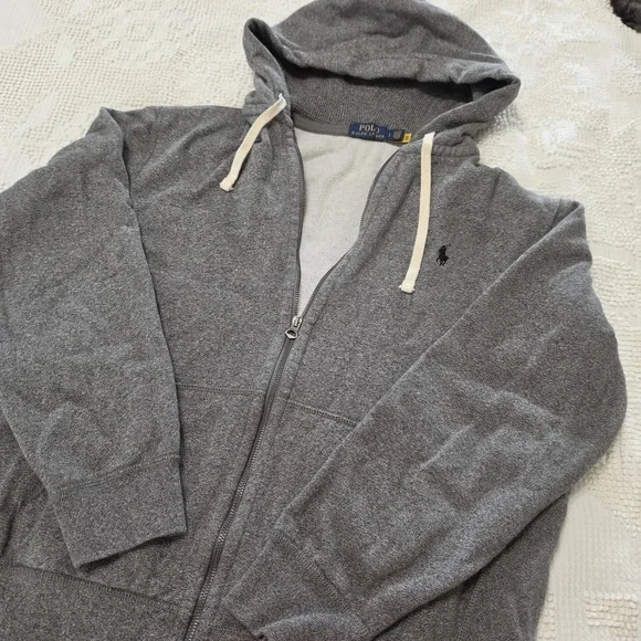 Polo Ralph Lauren Hoodie Mens M Gray Full Zip Hooded Pockets Logo Sweatshirt