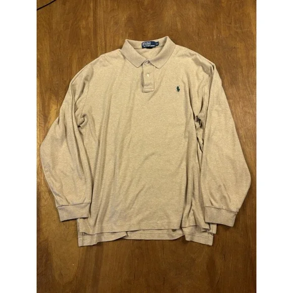 Polo Ralph Lauren Polo Shirt Men's‎ XL Tan Beige Long Sleeve Green Pony Preppy