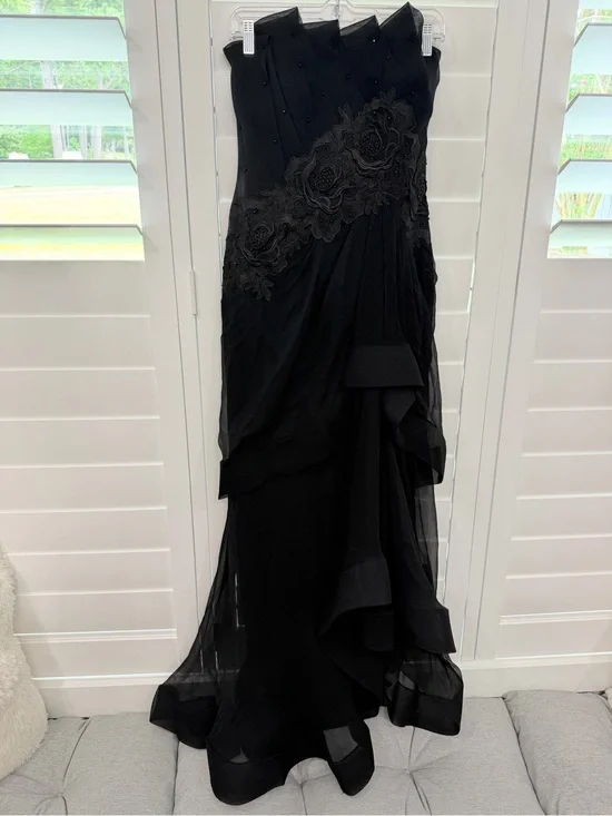 Black Strapless Floral Appliqué Evening Gown