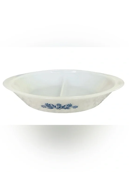Vintage Glasbake divided white milk glass cornflower casserole dish