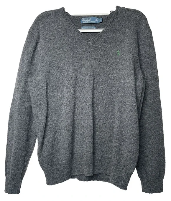 Polo Ralph Lauren Sweater Mens XL Gray 100% Lambswool V Neck Green Pony Logo