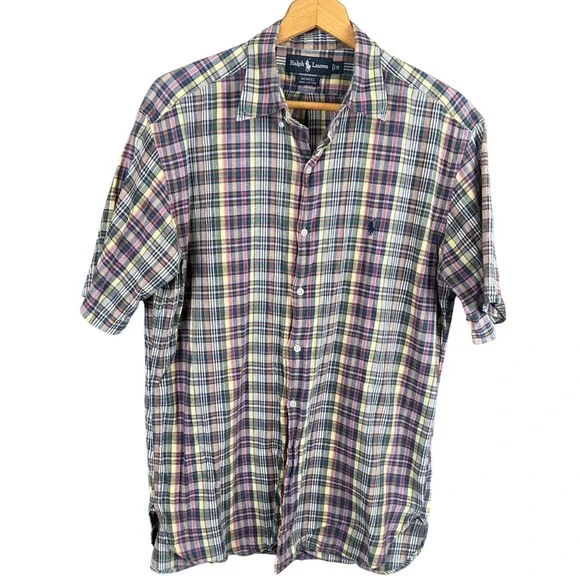 Ralph Lauren McMeel Mens Plaid Short Sleeve Button Down Shirt Multi-Color Medium