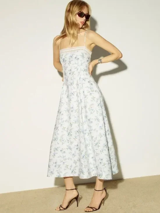 NEW Reformation Pomona Linen Lace Trim Midi Dress Nostalgia Floral 0,2