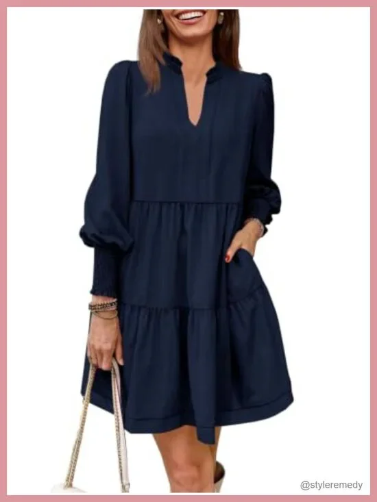 Women's Long Sleeve Tiered Swing Dress with Ruffled Collar, Puff Sleeves