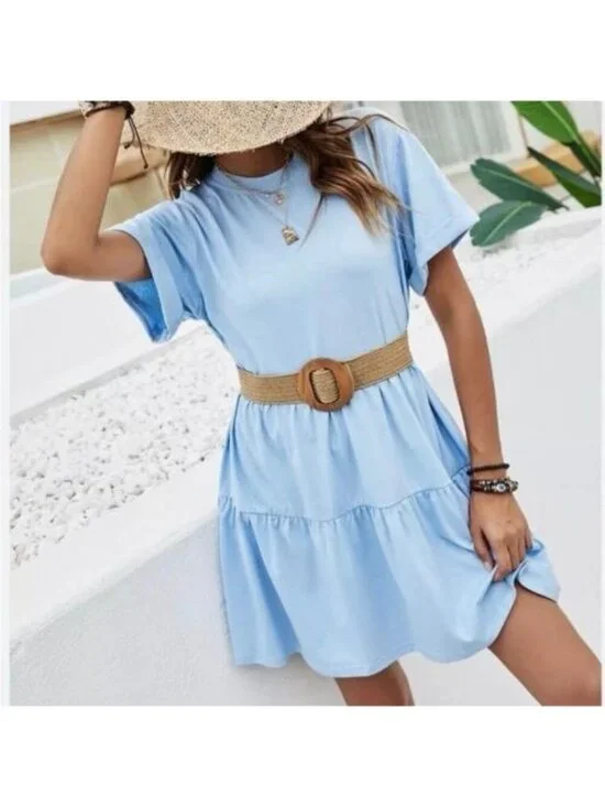 SHEIN Light Blue Rolled Cuff Short Sleeve Tiered Babydoll Mini Dress Size Small