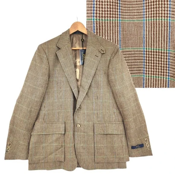 Polo Ralph Lauren Glen Plaid Blazer 40R Men Linen Brown Academia Italy NEW $1198