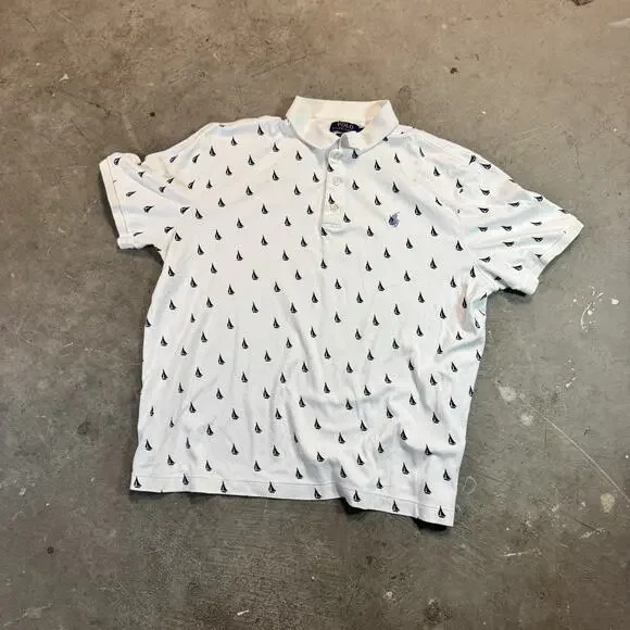 Polo Ralph Lauren Polo Shirt Mens L White Custom Slim Fit Sailboat Print
