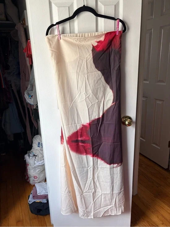 Commense Strapless Maxi Dress in Cream, Red and Deep Plum