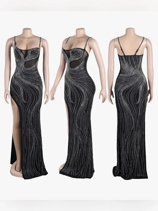 Black Embellished Mesh Panel Evening Gown